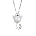 Colier Argint 925 cu Pandantiv Pisica si Perla de Cultura Felinisse 40 cm + Extensie 5.5 cm